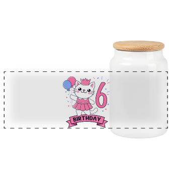 6th Birthday Girl Princess Cat 6 - Panoramic Cookie Jar with Wooden Lid - white - Front