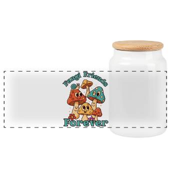 Fungi Friends Forever – Cartoon Design - Panoramic Cookie Jar with Wooden Lid - white - Front