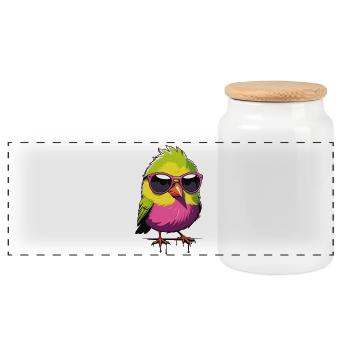 Colorful bird with sunglasses - Panoramic Cookie Jar with Wooden Lid - white - Front
