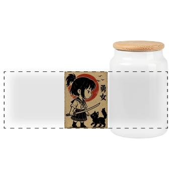 Brave girl with katana and cat - Panoramic Cookie Jar with Wooden Lid - white - Front