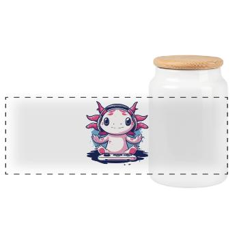 Humorvoller Gaming-Axolotl-Design - Panorama Keksdose mit Holzdeckel - Weiß - Vorne