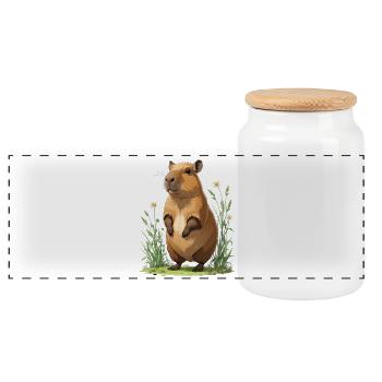 Capybara in the Marguerite Flower Field - Panoramic Cookie Jar with Wooden Lid - white - Front