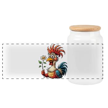 Colorful cartoon rooster with daisies flower - Panoramic Cookie Jar with Wooden Lid - white - Front