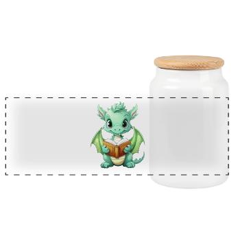 Doodle dragon with book - Panoramic Cookie Jar with Wooden Lid - white - Front