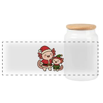 Axolotl Christmas Santa & Gnome - Panoramic Cookie Jar with Wooden Lid - white - Front