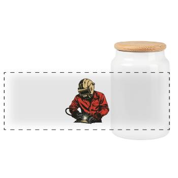 Welder in red suit with helmet - Panoramic Cookie Jar with Wooden Lid - white - Front