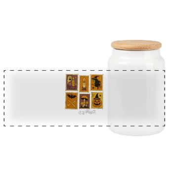 Halloween Hexe und Kürbis Sticker Set - Panorama Keksdose mit Holzdeckel - Weiß - Vorne