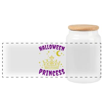 Halloween Princess with Ghosts and Crown - Panoramic Cookie Jar with Wooden Lid - white - Front