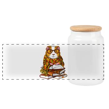 Guinea Pig Reading Books - Panoramic Cookie Jar with Wooden Lid - white - Front