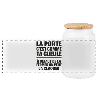 The door is like your face funny punchline - Panoramic Cookie Jar with Wooden Lid - white - Front
