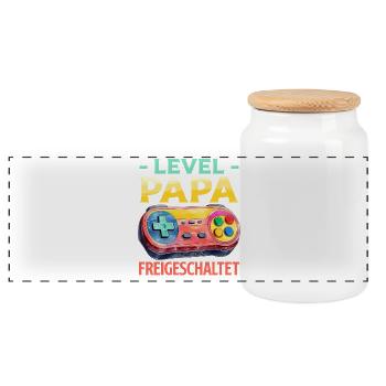 Dad-to-be LEVEL DAD UNLOCKED Funny - Panoramic Cookie Jar with Wooden Lid - white - Front