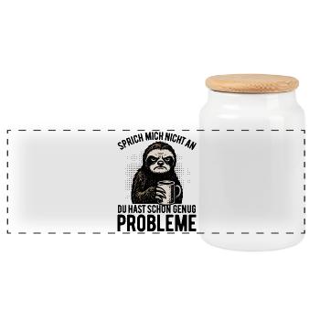 Don't talk to me - sloth with coffee - Panoramic Cookie Jar with Wooden Lid - white - Front