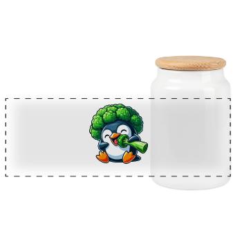 Funny Penguin with Broccoli Vegetable Hat Vegan - Panoramic Cookie Jar with Wooden Lid - white - Front