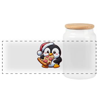 Cute Penguin Santa Claus Pizza Fast Food - Panoramic Cookie Jar with Wooden Lid - white - Front