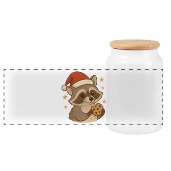 Christmas raccoon with biscuit - Panoramic Cookie Jar with Wooden Lid - white - Front