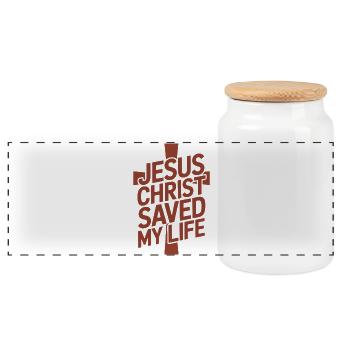 Jesus Christ saved my life - Panoramic Cookie Jar with Wooden Lid - white - Front