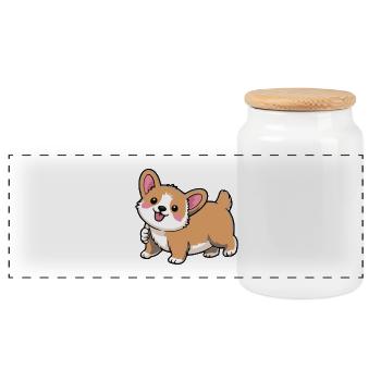 Corgi Schwanzwedeln - Panorama Keksdose mit Holzdeckel - Weiß - Vorne