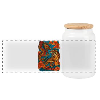 Dragon Tiger Clash, Asian Art Style  - Panoramic Cookie Jar with Wooden Lid - white - Front