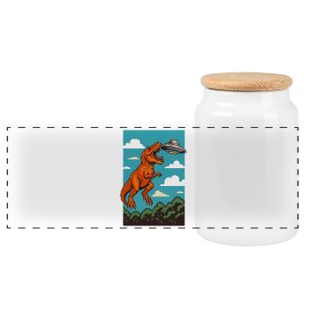 T Rex Catching Ufo Sky Encounter - Panoramic Cookie Jar with Wooden Lid - white - Front