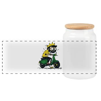 King on moped scooter scooter cartoon - Panoramic Cookie Jar with Wooden Lid - white - Front