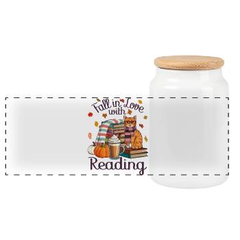 Fall Cat Books - Panoramic Cookie Jar with Wooden Lid - white - Front