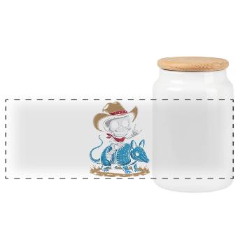 Skeleton cowboy riding blue armadillo - Panoramic Cookie Jar with Wooden Lid - white - Front