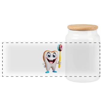 Happy tooth with donut brush - Panoramic Cookie Jar with Wooden Lid - white - Front