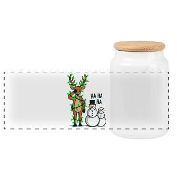 Lustiges Weihnachtsdesign mit Rentieren und Schneemännern - Panorama Keksdose mit Holzdeckel - Weiß - Vorne