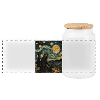 Ghost Skeleton Van Gogh Style Starry Night - Panoramic Cookie Jar with Wooden Lid - white - Front