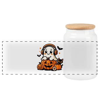 Cute Ghost and Pumpkins - Panoramic Cookie Jar with Wooden Lid - white - Front