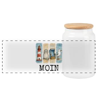 Moin lighthouse seal beach chair seagull coast - Panoramic Cookie Jar with Wooden Lid - white - Front