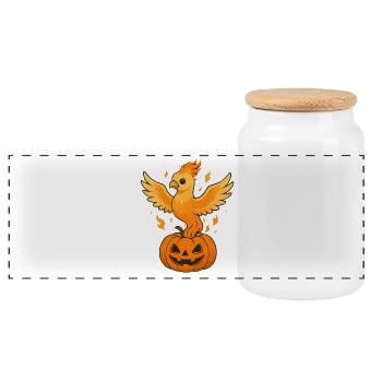 Fiery phoenix over pumpkin - Panoramic Cookie Jar with Wooden Lid - white - Front