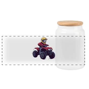 ATV Driver Cartoon in Yellow Helmet - Panoramic Cookie Jar with Wooden Lid - white - Front