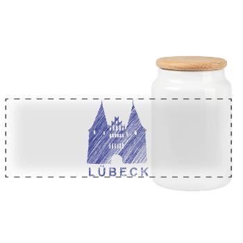 Lübeck Holstentor – Künstlerischer Sketch-Style - Panorama Keksdose mit Holzdeckel - Weiß - Vorne