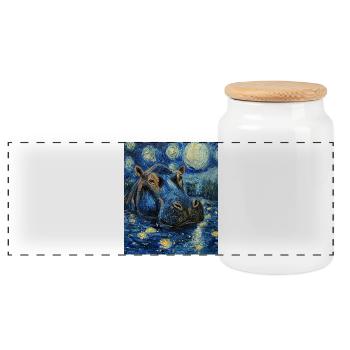 Hippopotamus Hippopotamus Van Gogh Style Starry Night - Panoramic Cookie Jar with Wooden Lid - white - Front