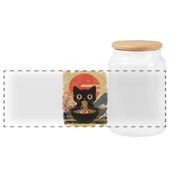 Cat Eats Ramen - vintage style - Panoramic Cookie Jar with Wooden Lid - white - Front