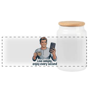 Vivre simplement café selfie illustration - Boîte à biscuits avec couvercle en bois - blanc - Devant