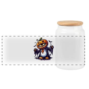 Mignon Halloween Pingouin Citrouille Chauve-souris fantaisiste - Boîte à biscuits avec couvercle en bois - blanc - Devant