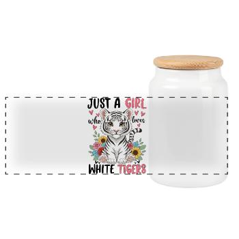 Girl Tigers mit Blumenherz - Panorama Keksdose mit Holzdeckel - Weiß - Vorne