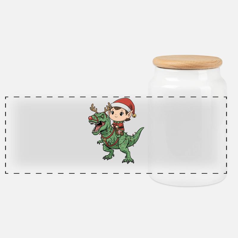 Junge Elf reitet T-Rex Lustiger Weihnachtsdinosaur - Panorama Keksdose mit Holzdeckel - Weiß