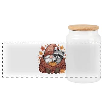 Autumn Gnome T-Shirt with Raccoon and Pumpkin - Panoramic Cookie Jar with Wooden Lid - white - Front