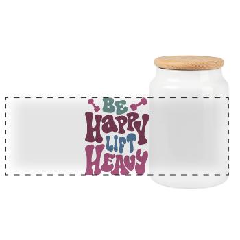 Be Happy Lift Heavy Motivationsdesign - Panorama Keksdose mit Holzdeckel - Weiß - Vorne