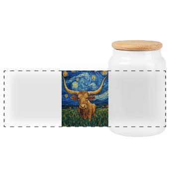 Longhorn Cow Cows Bull Van Gogh Starry Night - Panoramic Cookie Jar with Wooden Lid - white - Front