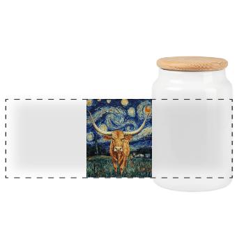 Longhorn Cow Cows Bull Van Gogh Starry Night - Panoramic Cookie Jar with Wooden Lid - white - Front