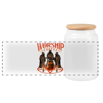 Worship Coffee Bold Caffeine Statement - Panoramic Cookie Jar with Wooden Lid - white - Front