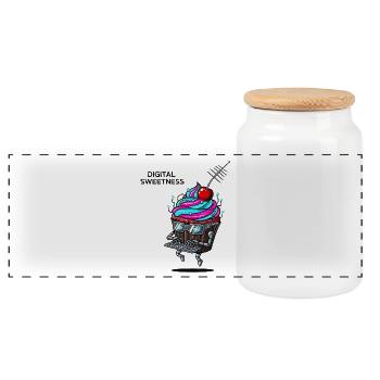 Cyber Cupcake mit Tastaturroboter - Panorama Keksdose mit Holzdeckel - Weiß - Vorne