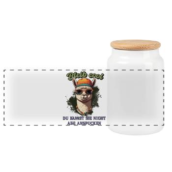 Llama Saying – Stay Cool, Funny Fun Shirt - Panoramic Cookie Jar with Wooden Lid - white - Front