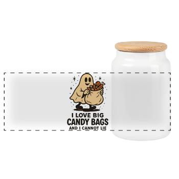 I Love Big Candy Bags Halloween Funny Saying Ghost - Panoramic Cookie Jar with Wooden Lid - white - Front