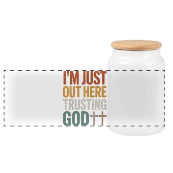 I trust in God here - Panoramic Cookie Jar with Wooden Lid - white - Front