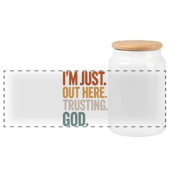 I'M JUST OUT HERE TRUSTING GOD - Panorama Keksdose mit Holzdeckel - Weiß - Vorne